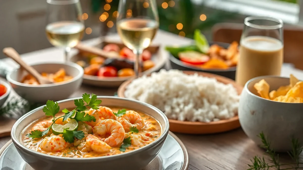 Bobó de crevettes servi avec du riz sur une table de fête Bobó de crevettes servi avec du riz sur une table de fête