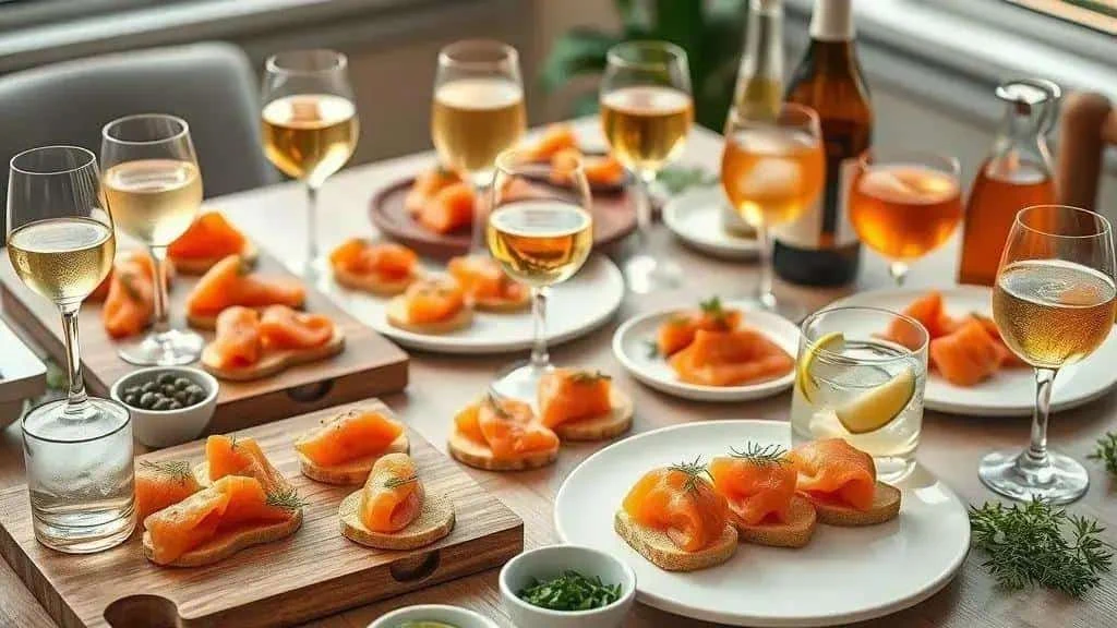 Canapés au saumon fumé présentés avec des boissons et des accompagnements
