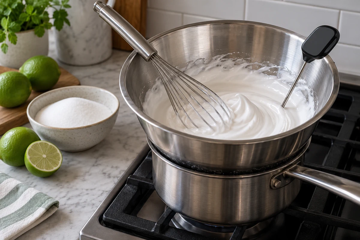 Bol de préparation avec fouet et thermomètre posé sur une casserole pour le bain-marie Bol de préparation avec fouet et thermomètre posé sur une casserole pour le bain-marie