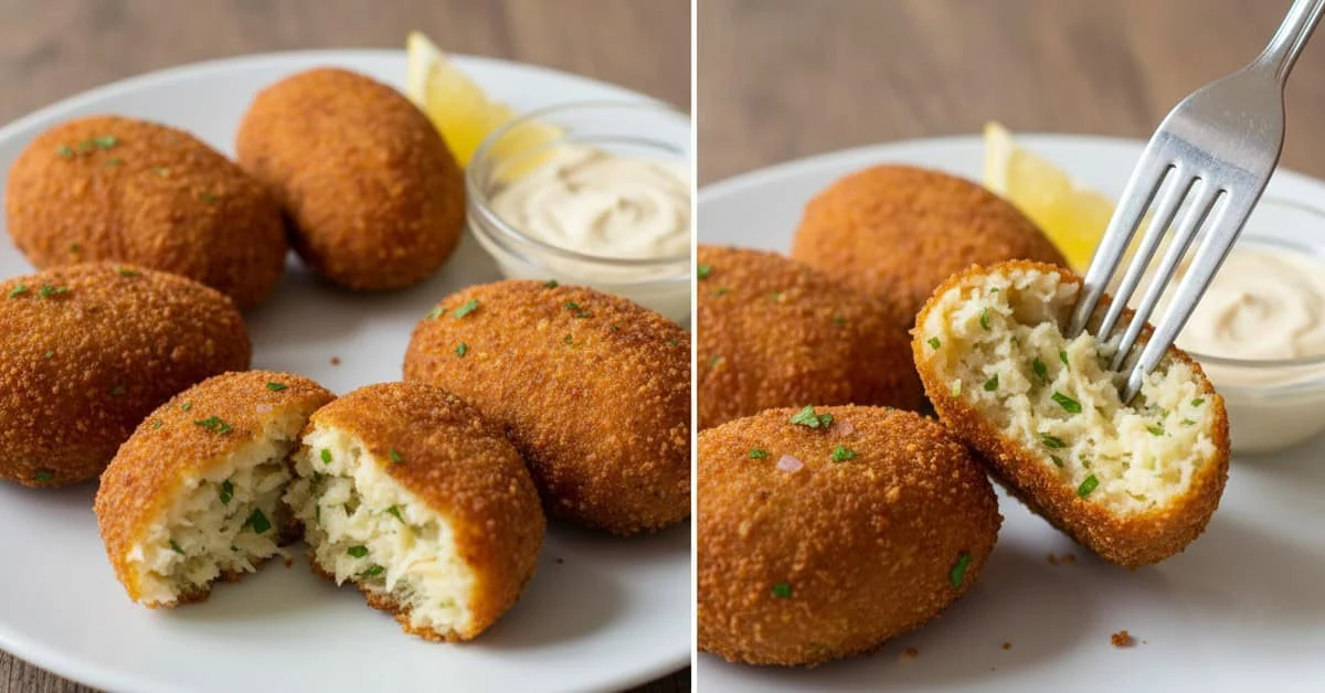 Variante de croquettes de morue panées, accompagnées de citron et d’herbes