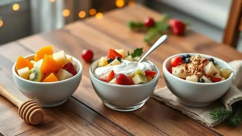Trois bols de salade de fruits, dont un garni de yaourt et un autre de granola. Trois bols de salade de fruits, dont un garni de yaourt et un autre de granola.