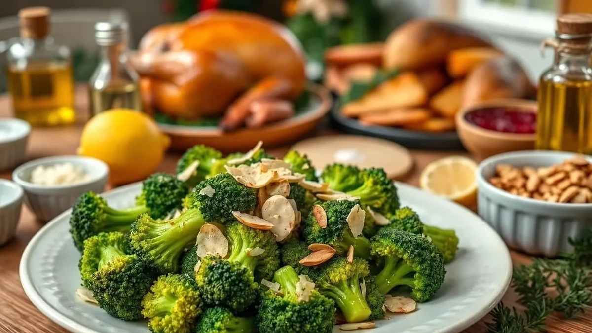 Brocoli à l’ail garni d’amandes sur une table de fête