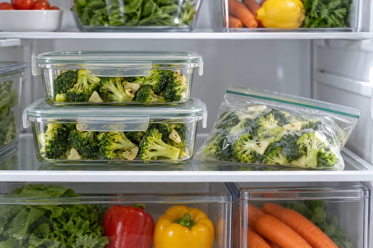 Brocoli cuit dans des boîtes fermées et un sachet de conservation