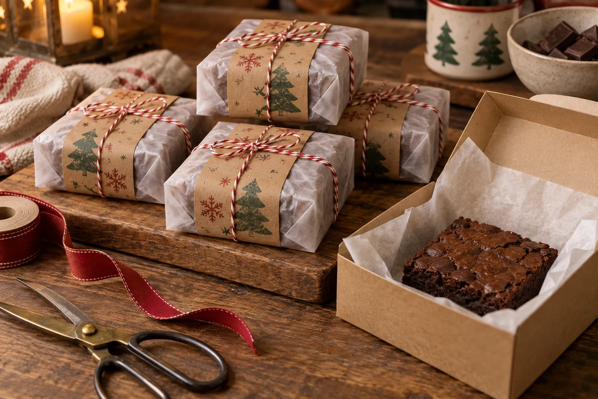 Brownies enveloppés de papier alimentaire, avec la ficelle à l’extérieur de l’emballage Brownies enveloppés de papier alimentaire, avec la ficelle à l’extérieur de l’emballage