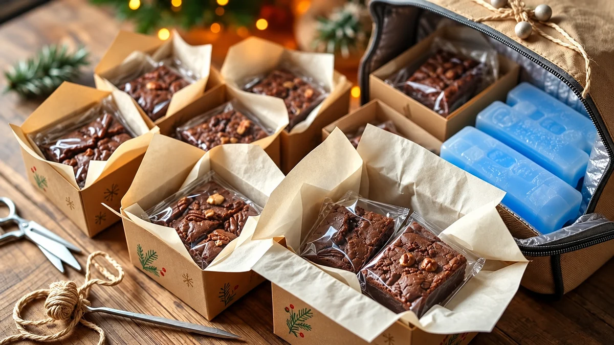 Brownies en sachets individuels fermés, boîtes cadeaux et sac isotherme avec accumulateurs de froid Brownies en sachets individuels fermés, boîtes cadeaux et sac isotherme avec accumulateurs de froid