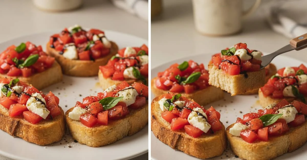 Deux vues de bruschettas garnies de tomates, de mozzarella, de basilic et de balsamique