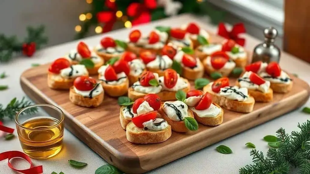 Bruschettas aux tomates, au fromage et au balsamique sur une planche de fête