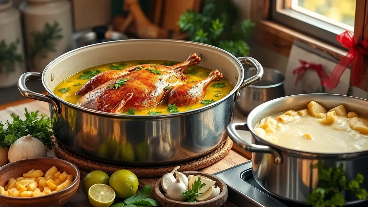 Canard doré dans une cocotte de bouillon jaune aux herbes, à côté d’une casserole de manioc.