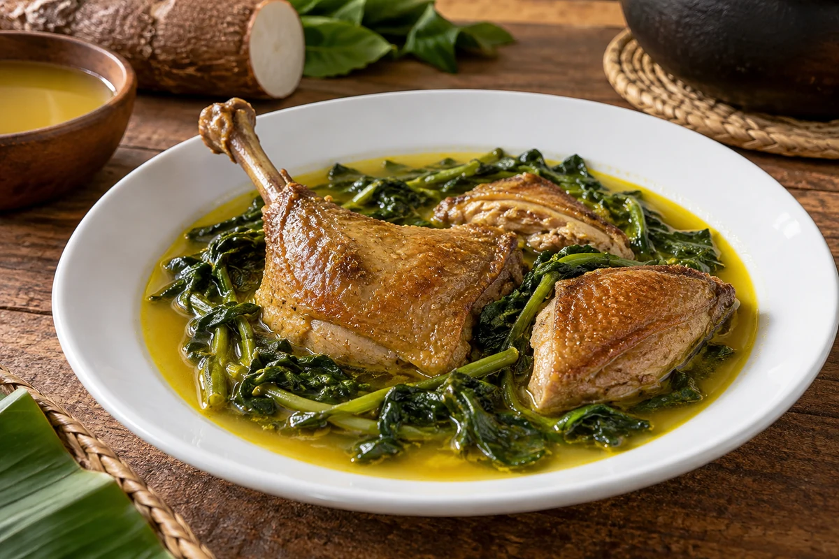 Assiette de canard doré et de feuilles cuites dans un bouillon jaune, avec du manioc en arrière-plan.