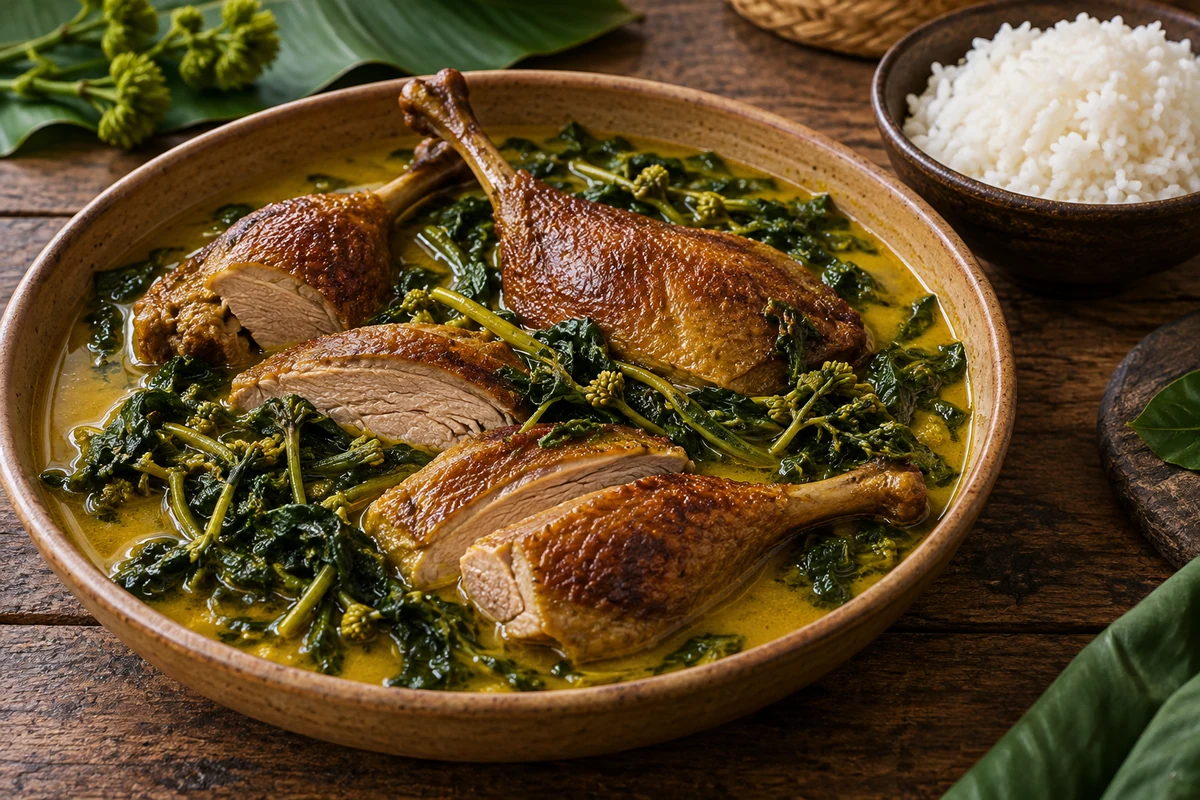 Morceaux de canard doré dans un bouillon jaune avec des feuilles cuites, accompagnés de riz blanc.