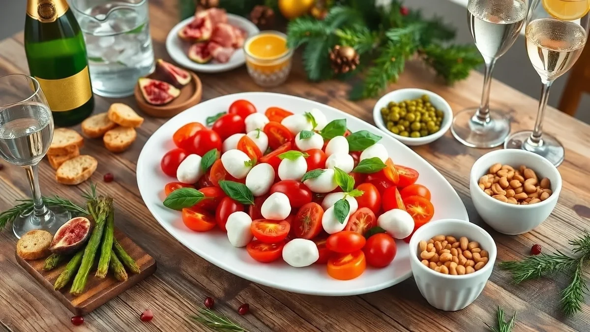 Salade caprese sur une table de fête, avec pain grillé, légumes, fruits à coque et boissons.