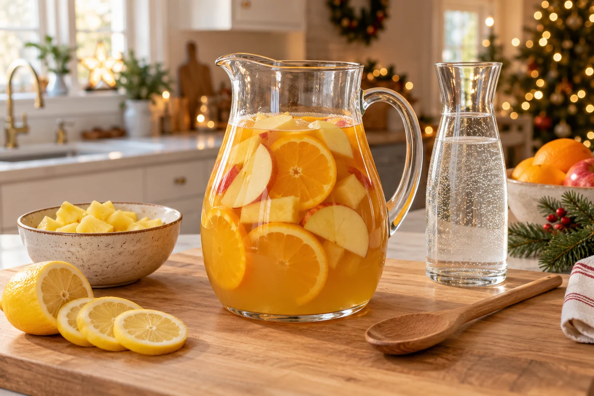 Carafe de punch aux fruits avec rondelles d’orange, ananas et pomme