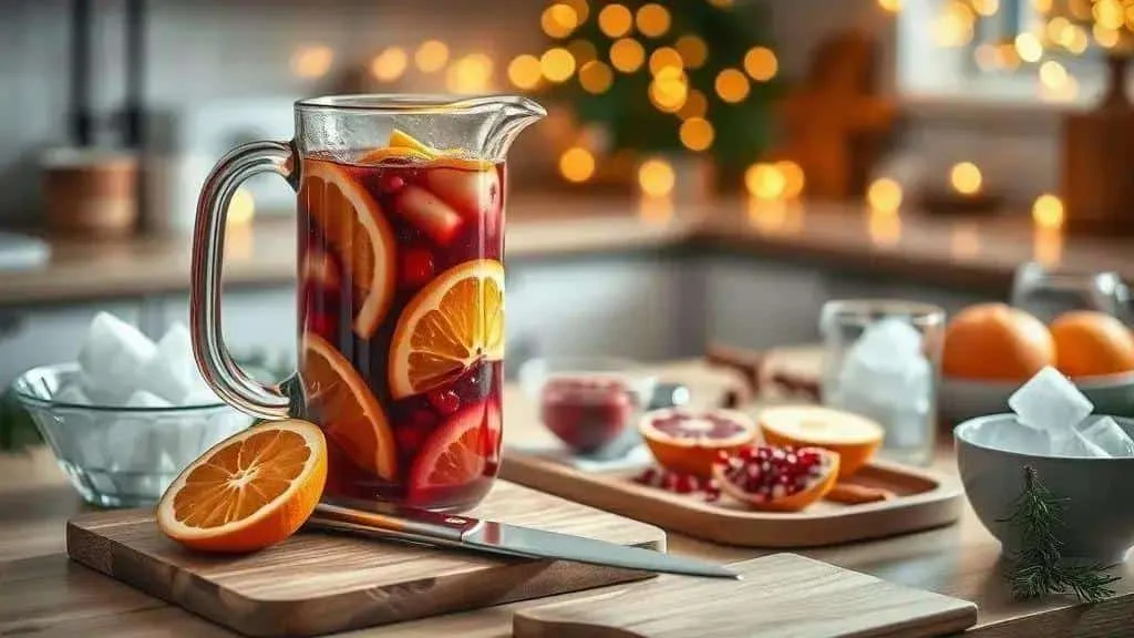 Carafe de sangria près de fruits coupés sur une planche et de bols de glaçons Carafe de sangria près de fruits coupés sur une planche et de bols de glaçons