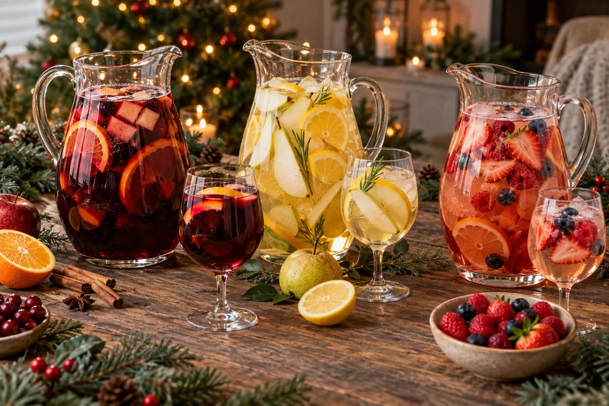 Trois carafes de boissons aux fruits avec agrumes, poire et fruits rouges Trois carafes de boissons aux fruits avec agrumes, poire et fruits rouges