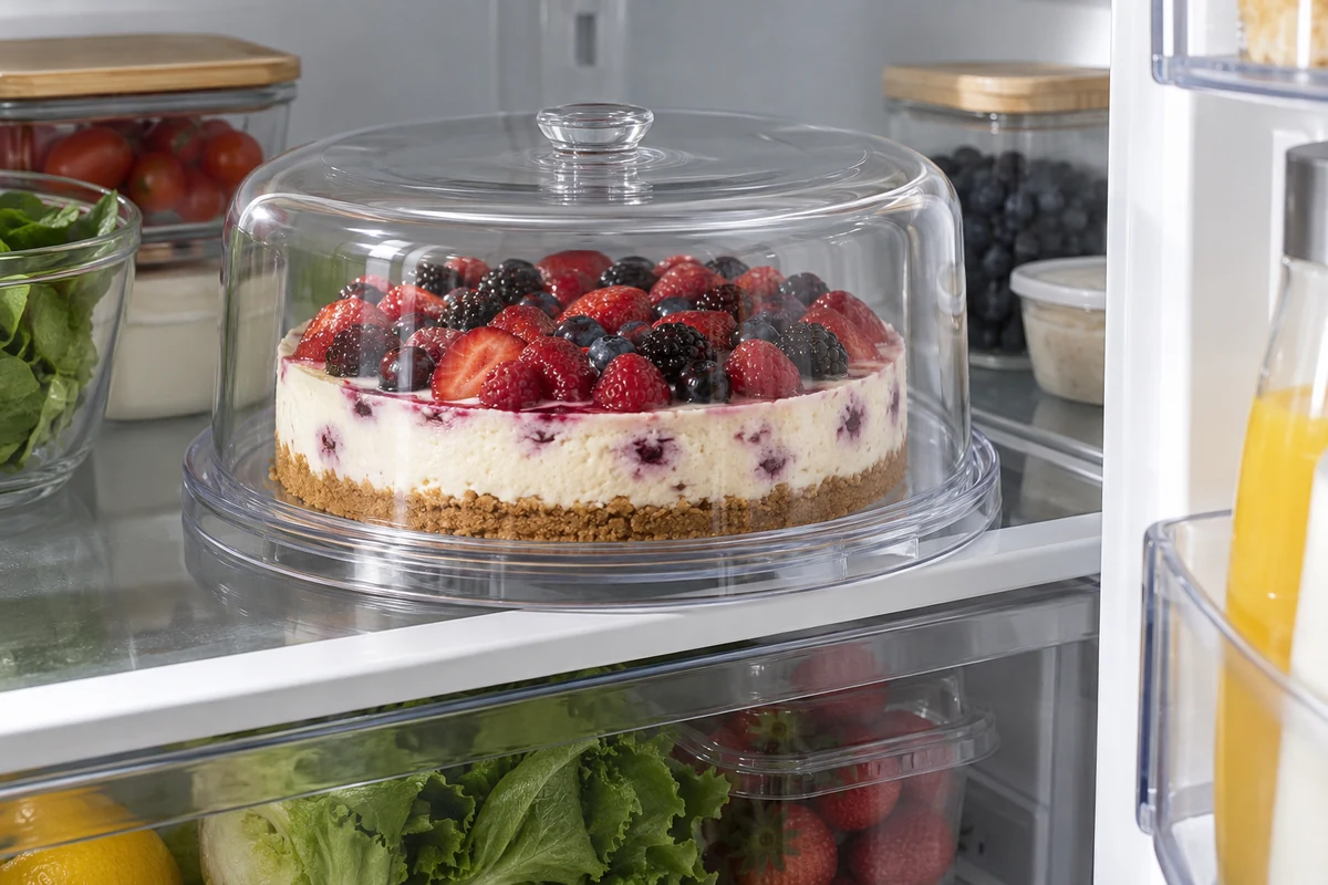 Cheesecake aux fruits rouges couvert et rangé au réfrigérateur Cheesecake aux fruits rouges couvert et rangé au réfrigérateur