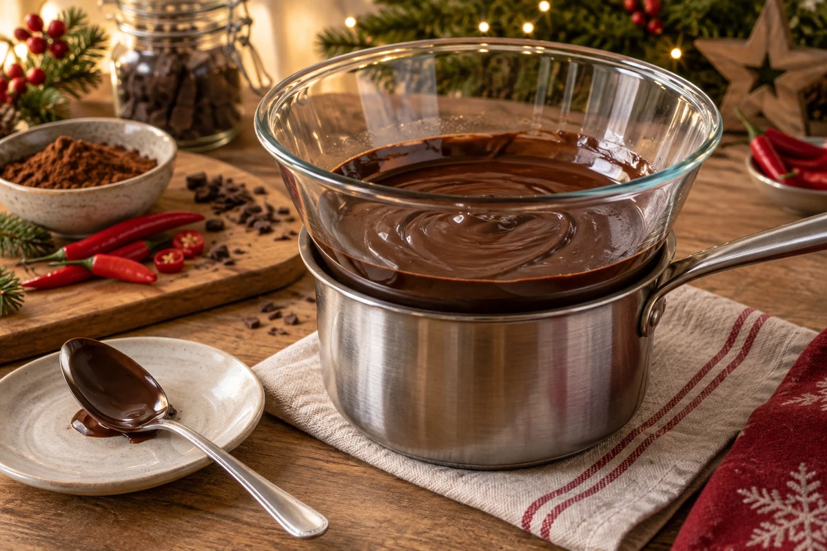Chocolat fondu dans un saladier au bain-marie, avant tout ajout d’alcool