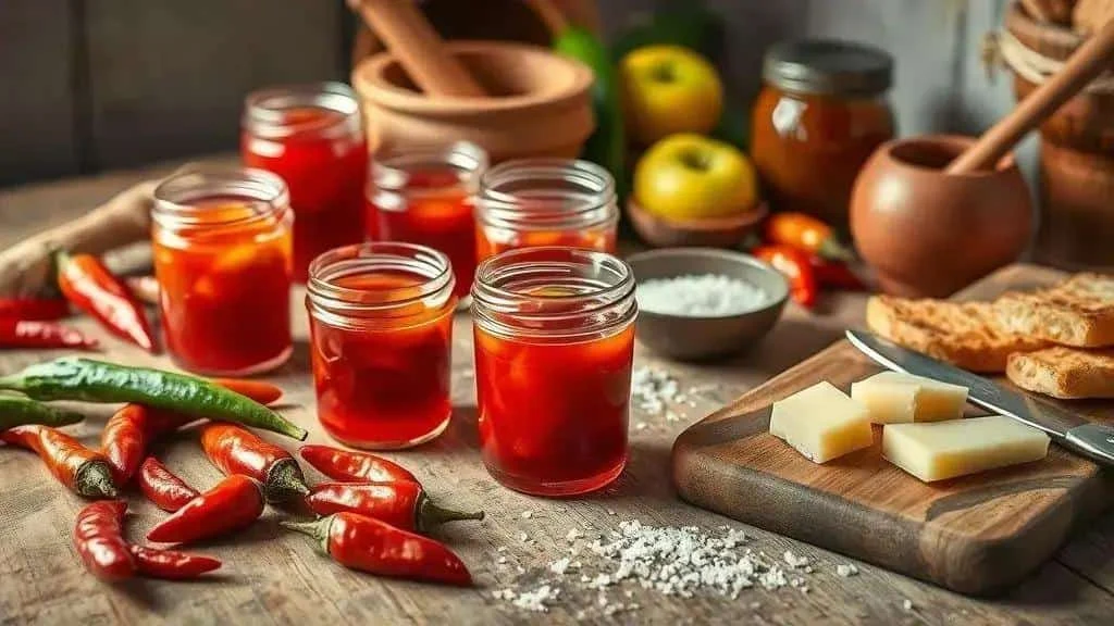 Pots de confiture de piment accompagnés de pain, de fromage et de piments frais Pots de confiture de piment accompagnés de pain, de fromage et de piments frais