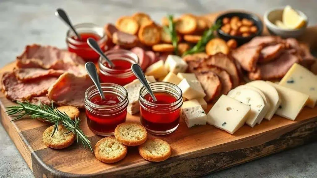 Petits pots de confiture rouge sur un plateau de fromages, de pain et de viandes Petits pots de confiture rouge sur un plateau de fromages, de pain et de viandes