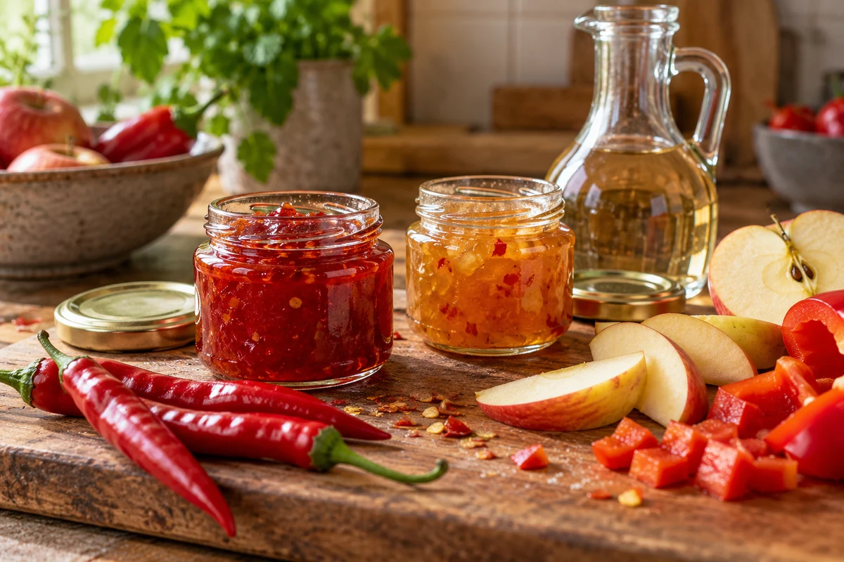 Deux préparations de piment, rouge et dorée, dans des pots en verre près de pommes Deux préparations de piment, rouge et dorée, dans des pots en verre près de pommes