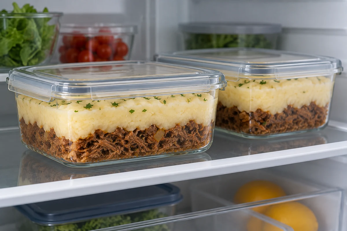 Portions de bœuf et de purée dans des boîtes fermées au réfrigérateur.