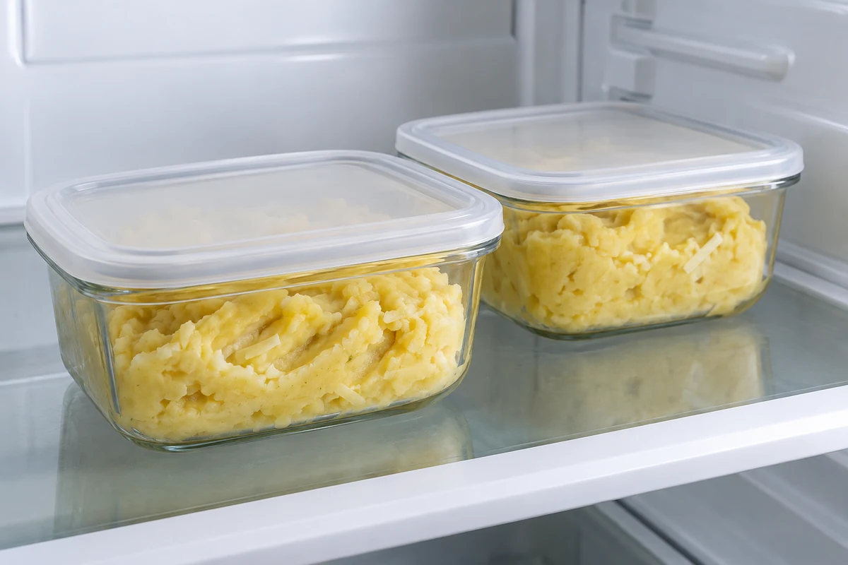 Deux boîtes fermées de purée jaune conservées sur une étagère du réfrigérateur