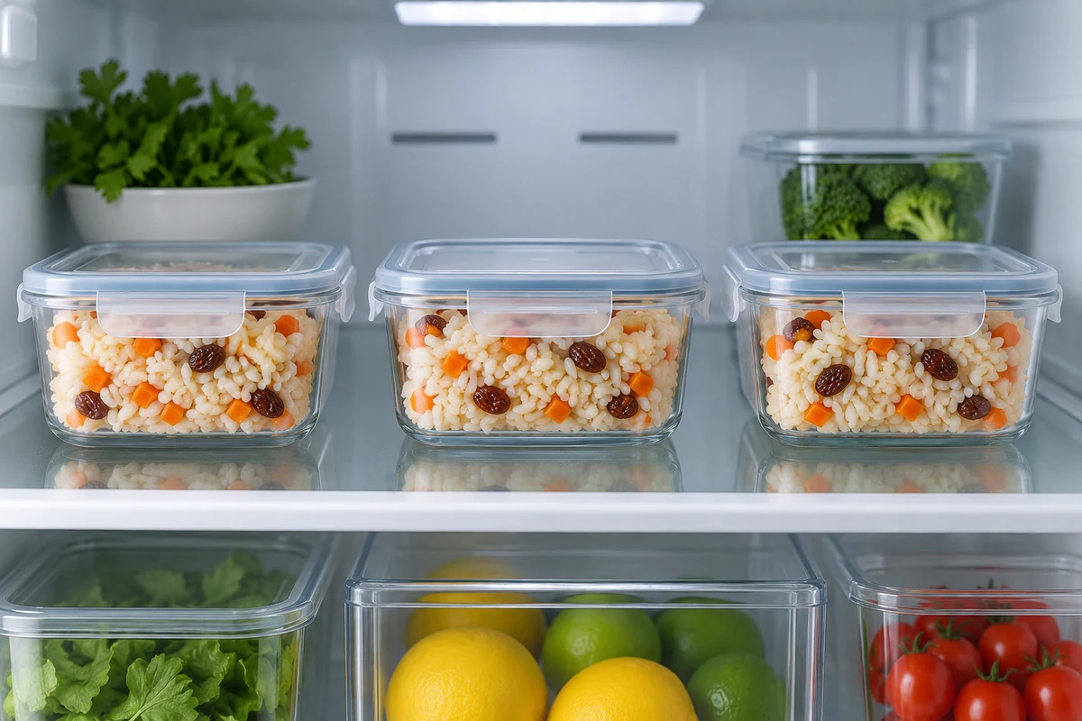 Portions de riz aux raisins secs et aux carottes dans des boîtes fermées au réfrigérateur