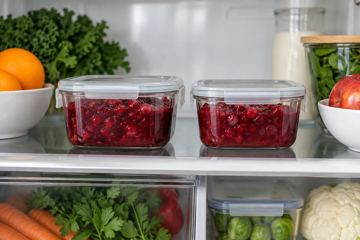 Deux récipients fermés de sauce aux cranberries placés au réfrigérateur