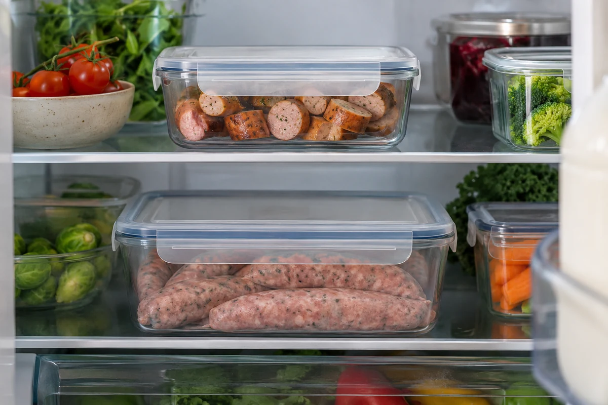 Saucisses cuites en rondelles et saucisses crues dans des boîtes fermées séparées au réfrigérateur Saucisses cuites en rondelles et saucisses crues dans des boîtes fermées séparées au réfrigérateur