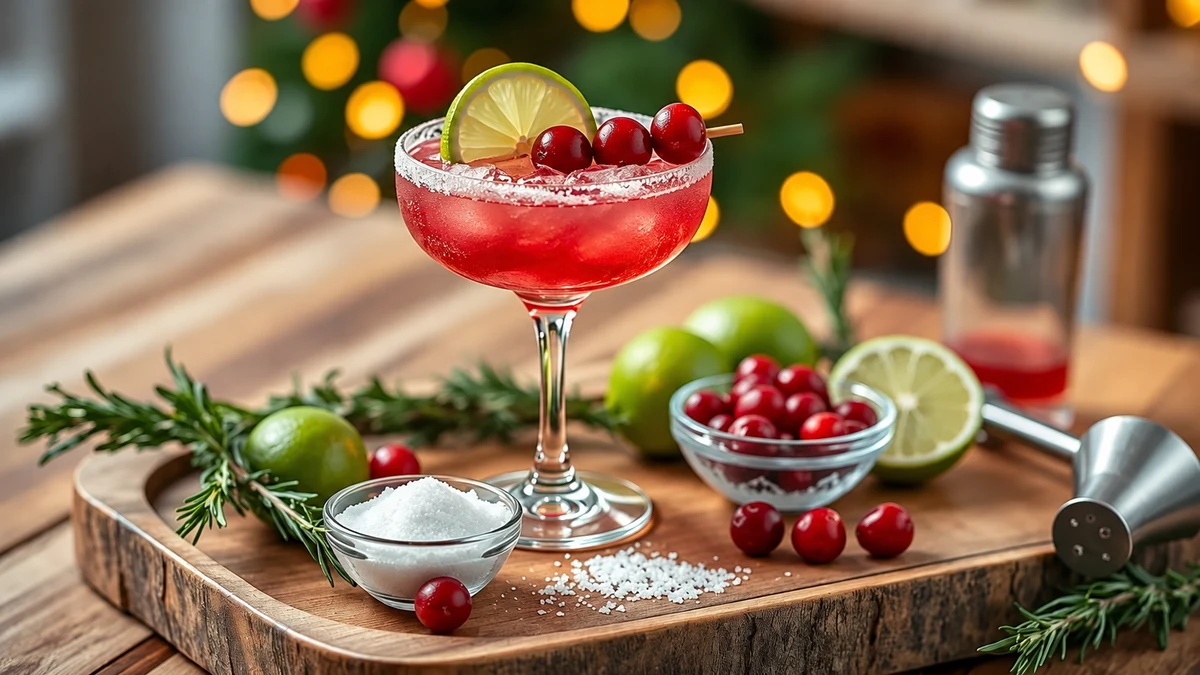 Margarita rouge dans une coupe décorée de citron vert et de canneberges sur un plateau