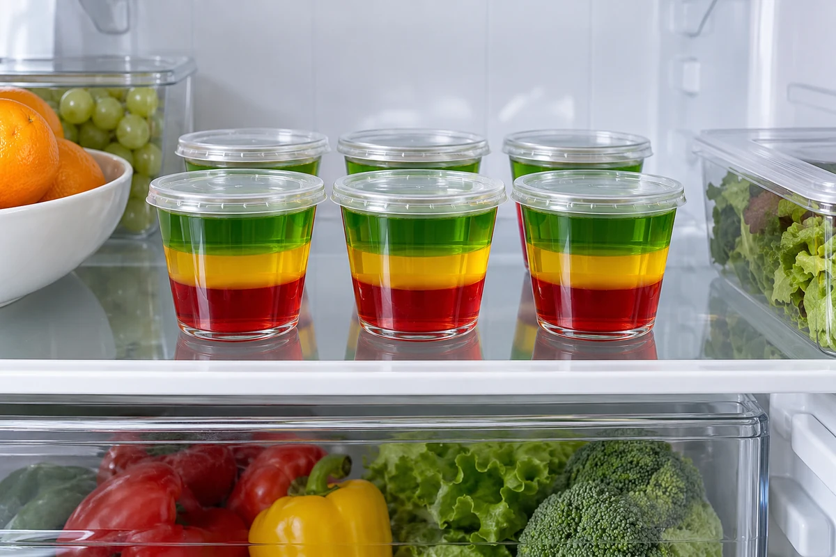Coupes de gelée colorée couvertes et rangées au réfrigérateur