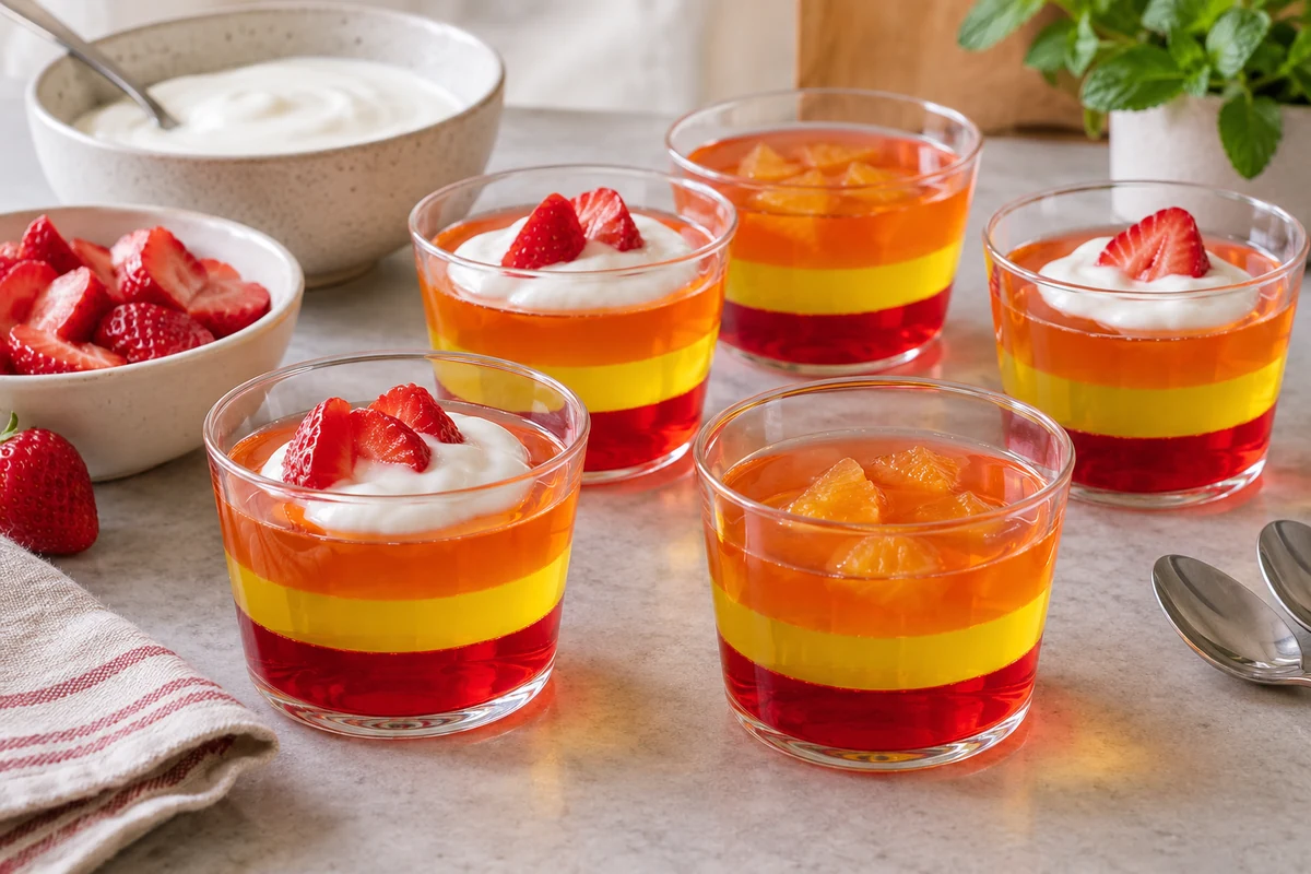 Coupes de gelée colorée avec des fruits et une garniture au yaourt