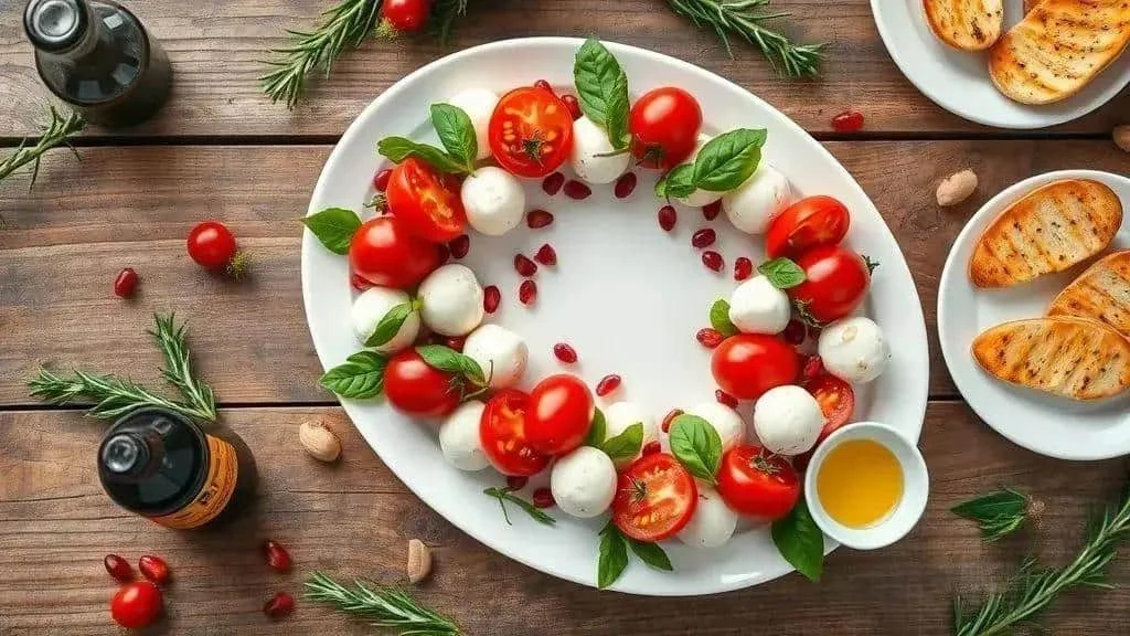 Couronne de tomates et de mozzarella avec basilic, grains de grenade et crostini.