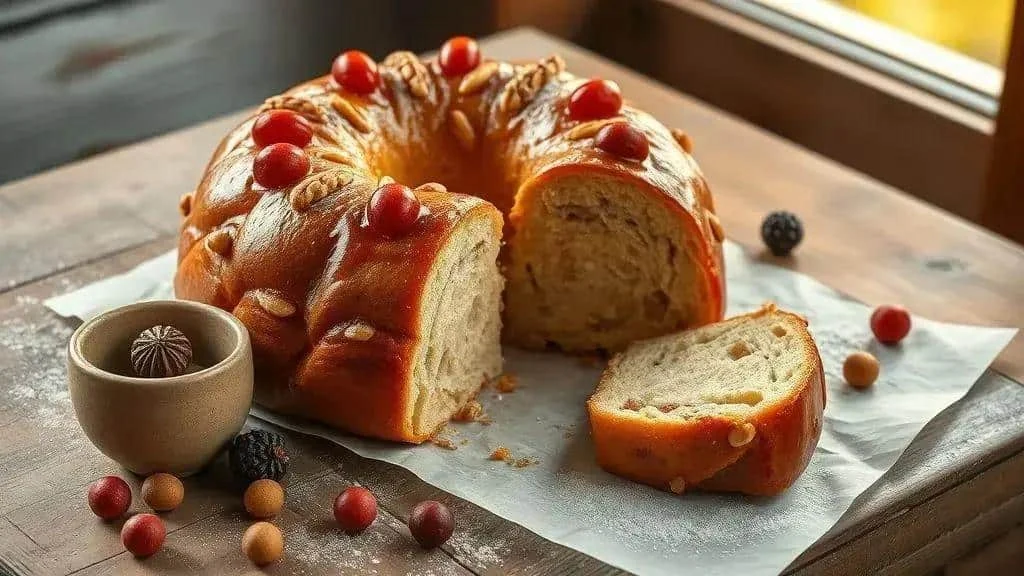 Couronne briochée dorée décorée de fruits et de noix, avec une tranche découpée Couronne briochée dorée décorée de fruits et de noix, avec une tranche découpée