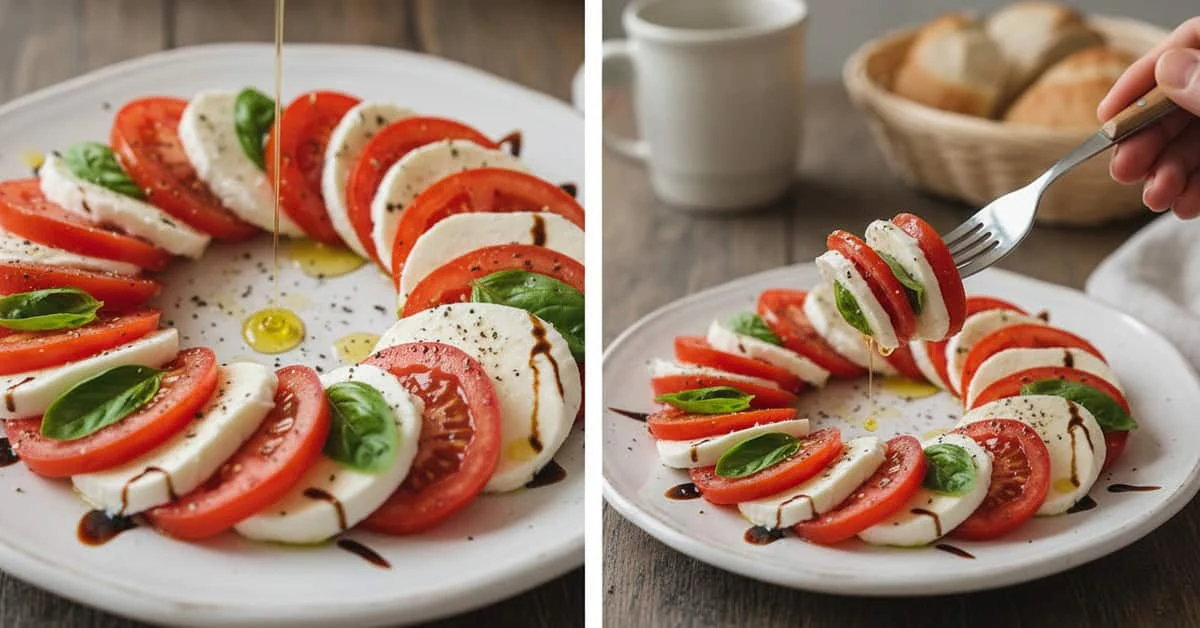 Deux vues d’une couronne de tomates et de mozzarella en tranches, avec basilic, huile et balsamique.