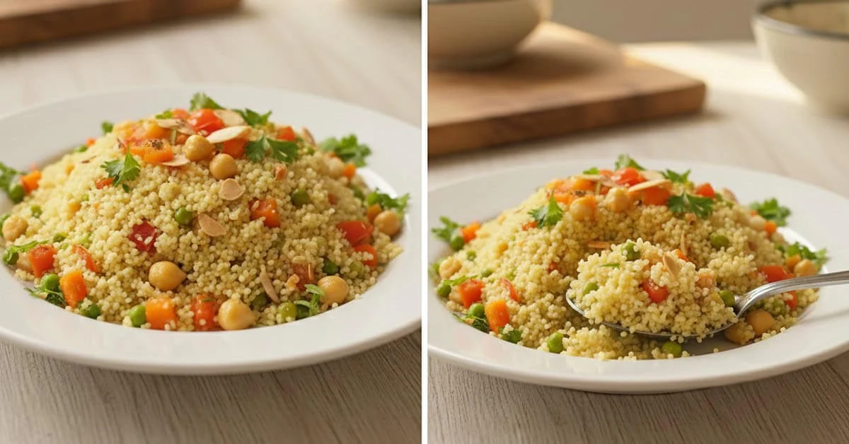 Variante de couscous aux pois chiches, petits pois, carottes et amandes