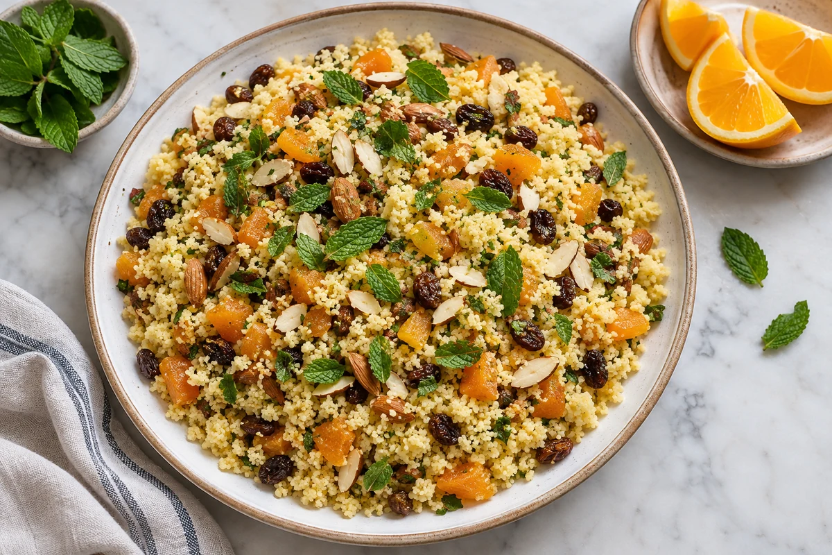 Couscous aux fruits secs et aux amandes avec de l’orange, présenté pour une table de fête