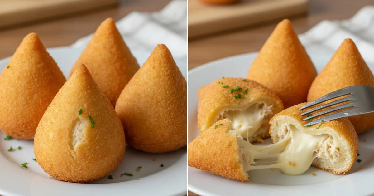 Coxinhas brésiliennes dorées, entières et ouvertes sur une garniture crémeuse au poulet et au fromage.