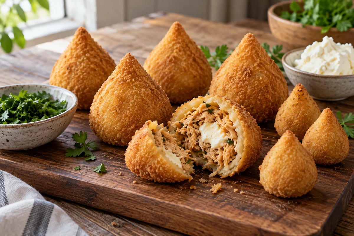 Coxinhas de différents formats, dont une ouverte montrant une garniture de poulet et de fromage crémeux.