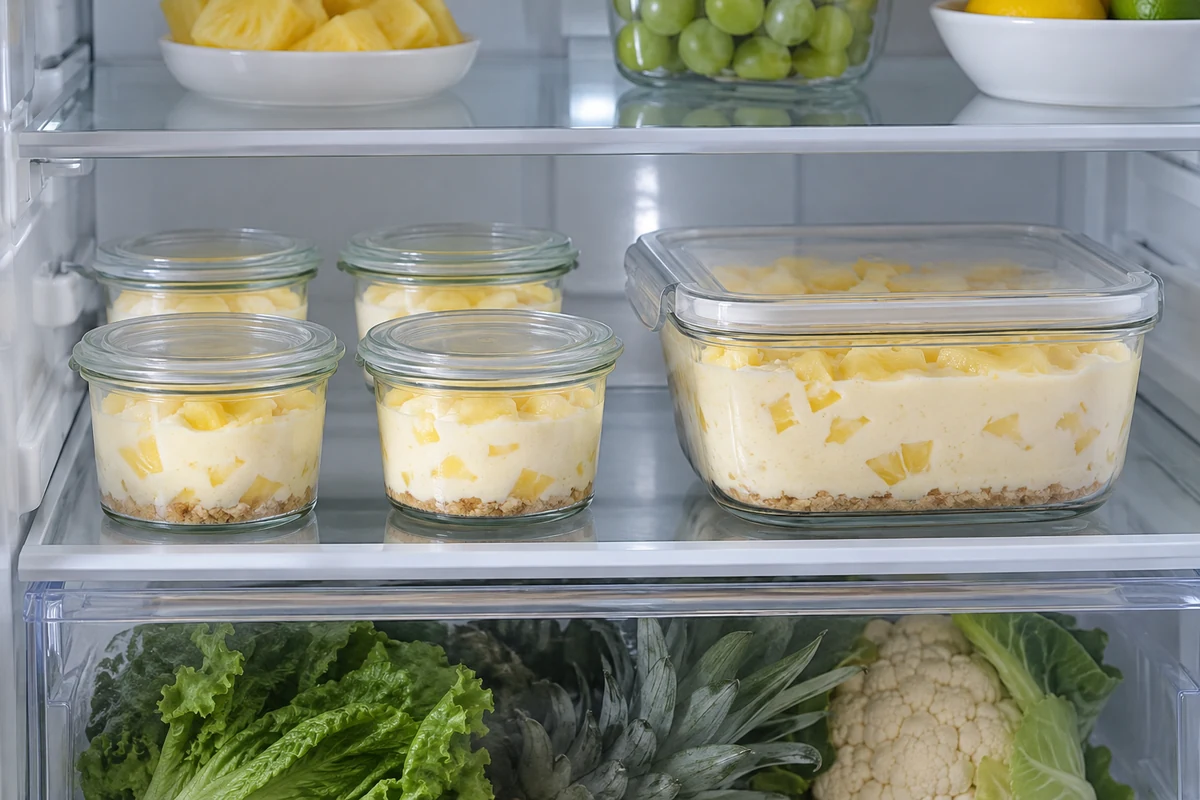 Crème à l’ananas dans des pots et un plat couverts, rangés sur une étagère du réfrigérateur.