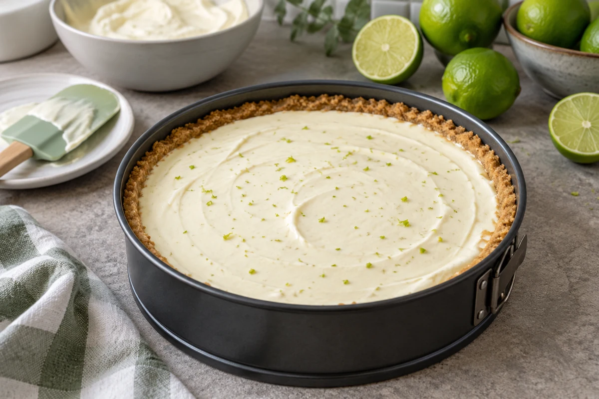 Crème au citron vert étalée sur un fond de biscuits dans un moule à charnière. Crème au citron vert étalée sur un fond de biscuits dans un moule à charnière.