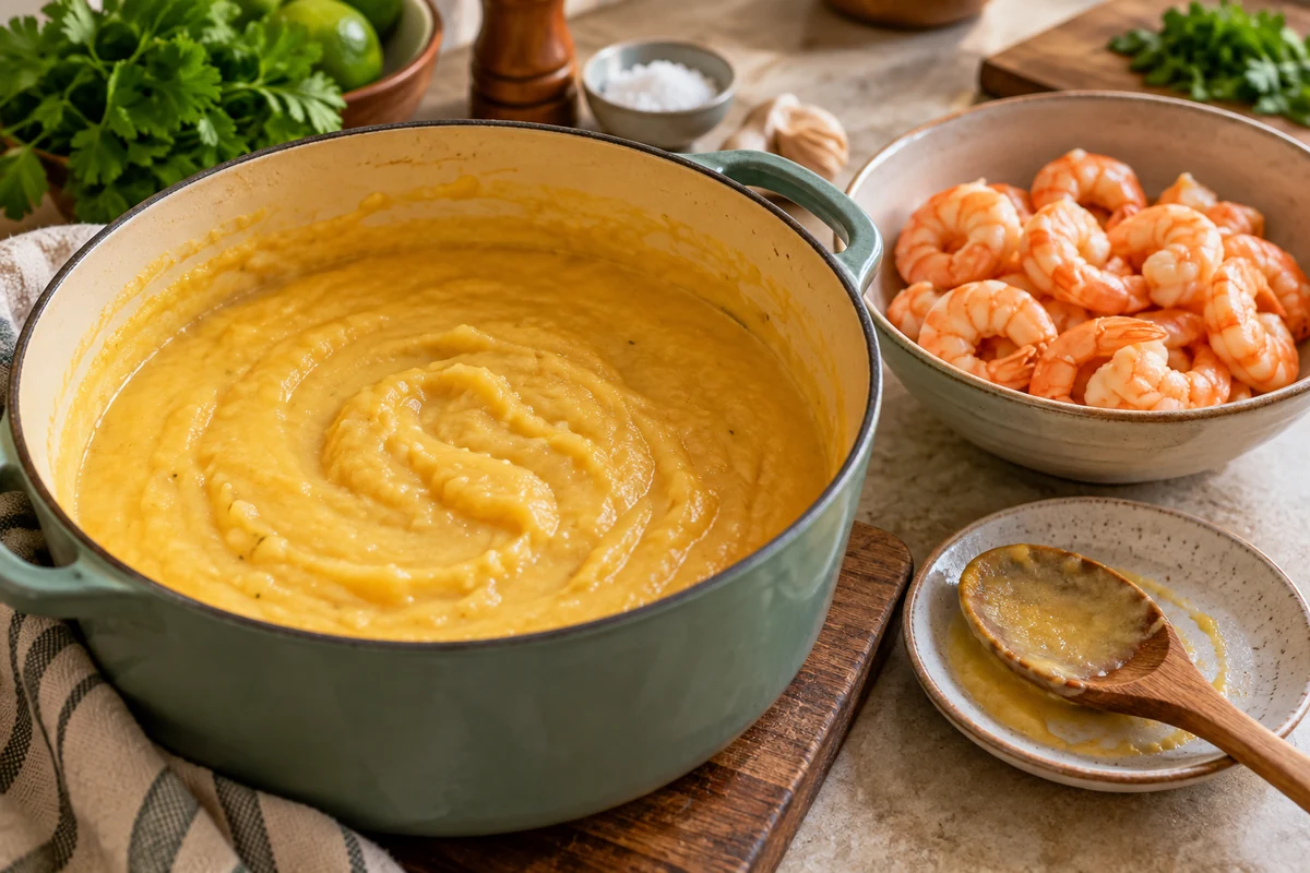 Crème de manioc et de coco dans une casserole, avec des crevettes cuites à côté Crème de manioc et de coco dans une casserole, avec des crevettes cuites à côté