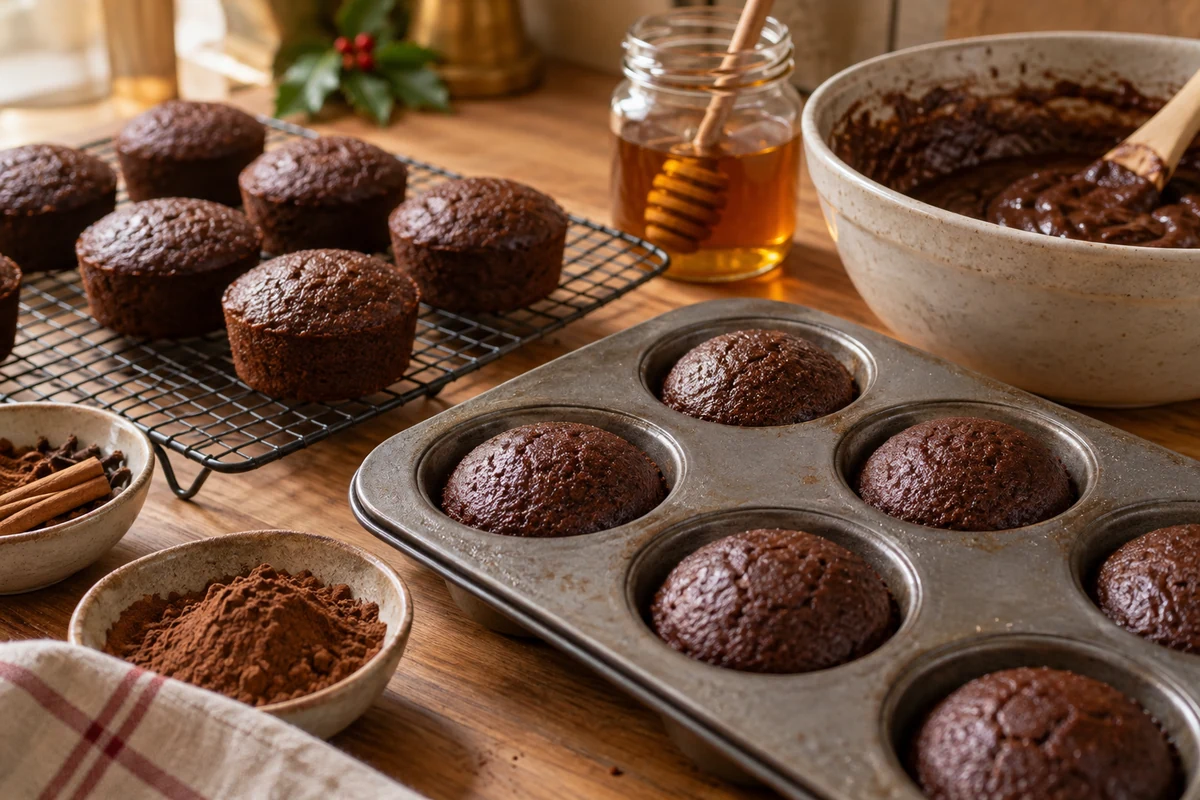 Petits gâteaux au miel et au cacao cuits dans un moule à muffins et refroidissant sur une grille