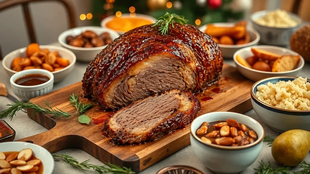 Bœuf rôti glacé et tranché sur une planche, entouré de garnitures sur une table de fête
