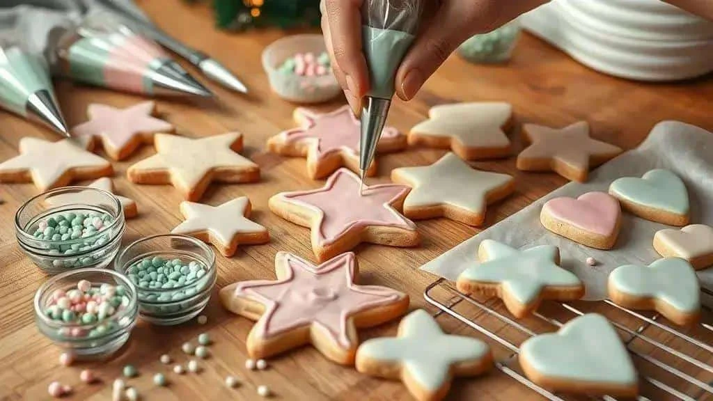 Décoration d’un biscuit étoilé avec une poche de glaçage rose