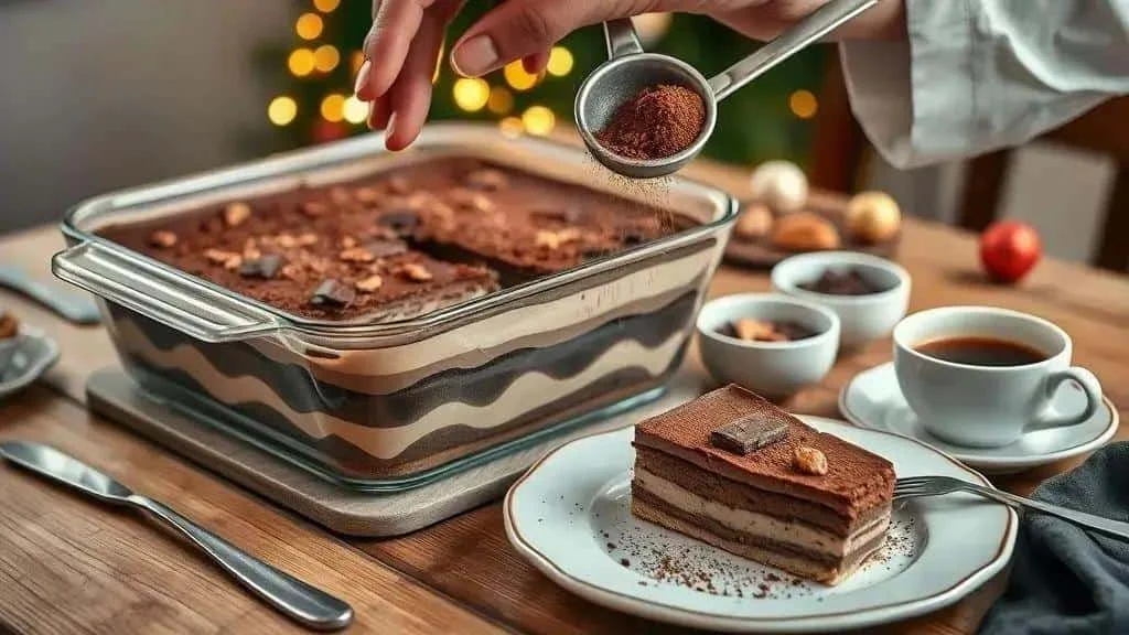 Finition d’un pavê au chocolat avec du cacao tamisé au-dessus du plat.