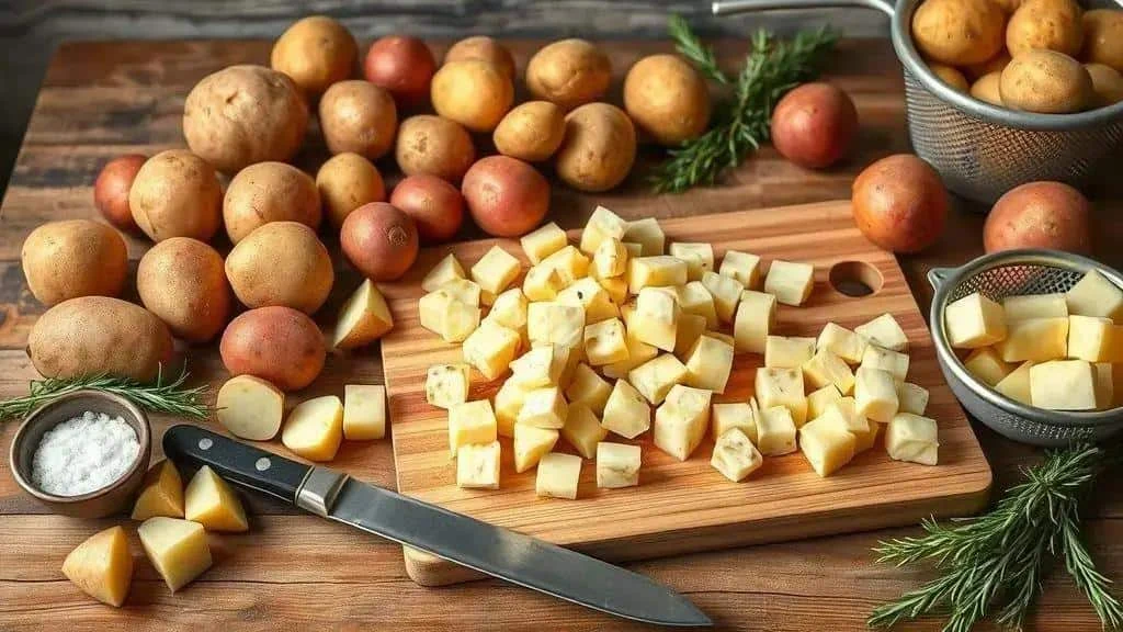 Pommes de terre découpées sur une planche avec un couteau