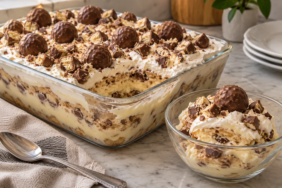 Grand plat de dessert à la crème, aux biscuits et aux confiseries enrobées, avec une portion servie