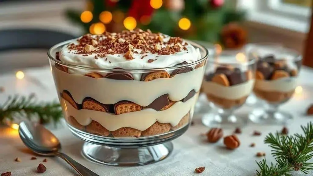 Dessert en couches dans un saladier sur pied, avec biscuits, crème et confiseries