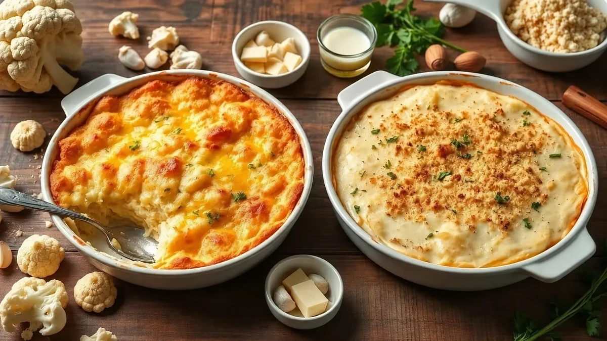 Deux gratins de chou-fleur dorés dans des plats ronds en céramique