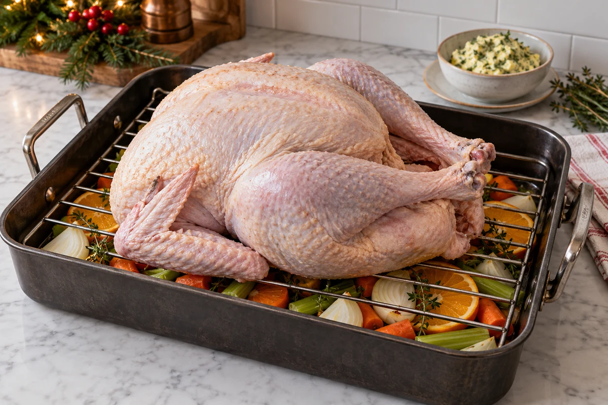 Dinde préparée sur une grille au-dessus d’oranges et de légumes dans un plat à rôtir Dinde préparée sur une grille au-dessus d’oranges et de légumes dans un plat à rôtir